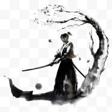 中国风水墨画树下的剑客