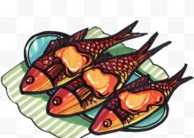 彩色手绘一盘烤鱼图案...
