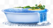 蓝色清新浴缸小岛装饰图案...