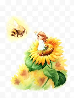 站在黄色向日葵上的小女孩
