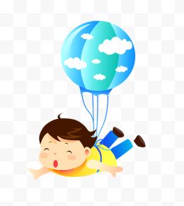 绑着气球飞翔的卡通男孩...