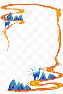 蓝色山川麋鹿剪影橙色祥云图案装饰边框