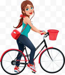 卡通手绘骑单车的少女...