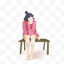手绘水彩坐在凳子上的女孩