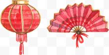 水彩中国风灯笼折扇