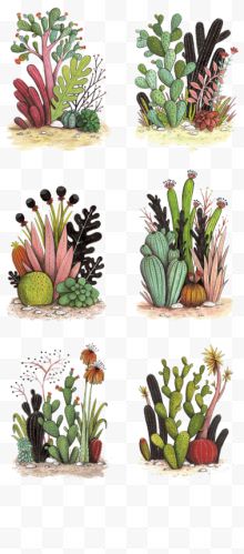六组沙漠植物小景手绘...
