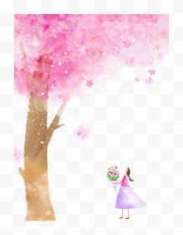 手拿一束鲜花站在樱花树下的卡通女孩