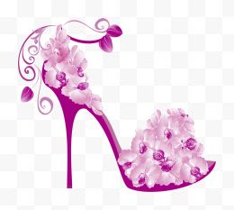 卡通手绘粉色花朵高跟鞋...