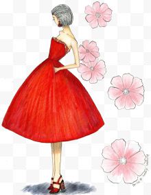 手绘红裙子模特花朵