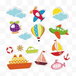 卡通手绘飞机热气球帆船轮船潜水
