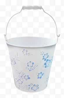蓝色花装饰白色桶子...