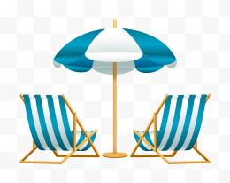 蓝白相间沙滩椅遮阳伞