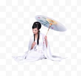 白色长裙古韵美女坐着打着伞