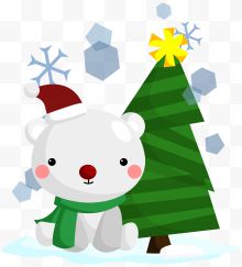 卡通手绘小熊与圣诞树