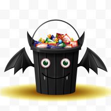卡通装满糖果的万圣节蝙蝠桶矢量