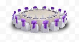 大圆形白色餐桌紫色椅背婚礼