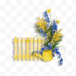 栅栏 浇花水壶 黄色花 