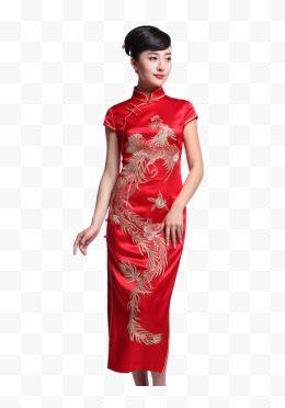 中国红美女刺绣凤凰旗袍